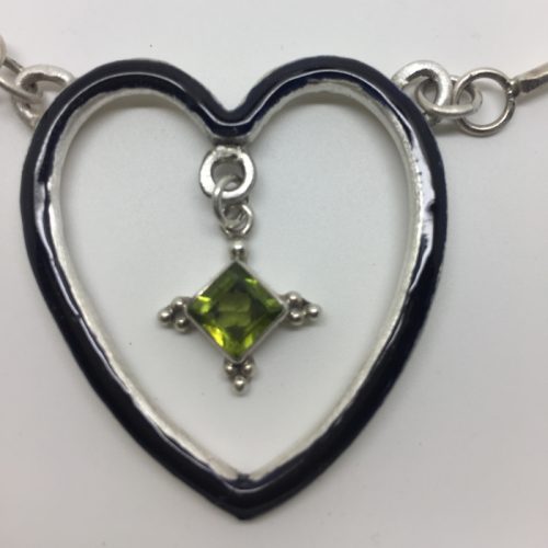 Blue black enamelled silver heart and peridot drop collar